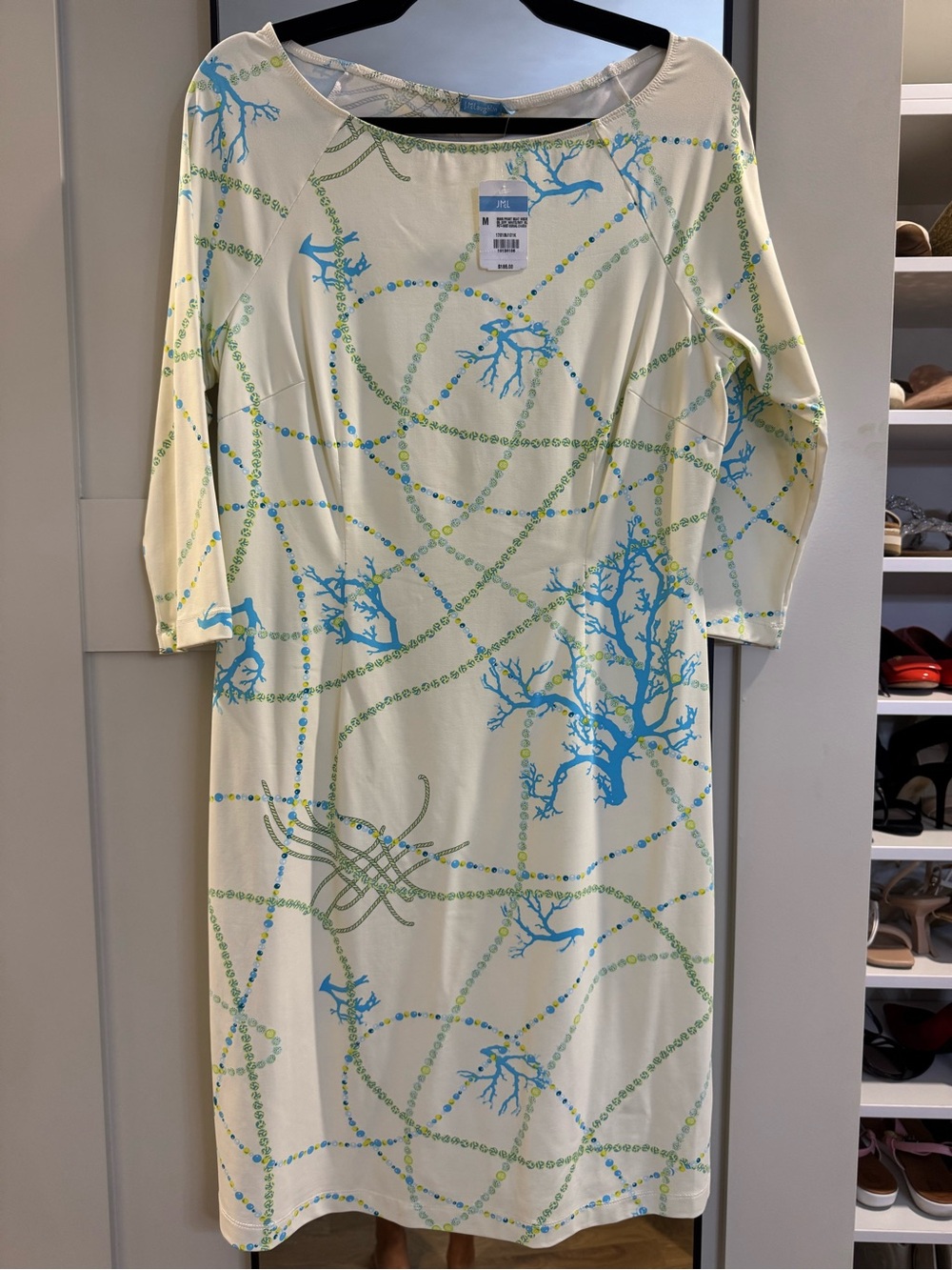 J. McLaughlin Cream Shift Dress with Blue & Green Coral Print